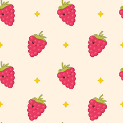 Seamless pattern with kawaii raspberries and stars. Cute pattern for decoration design, backgrounds, stationery, fashion, wrapping paper, textile, scrapbooking and web design. Vector illustration.