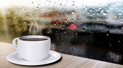hot coffee in white mug with tray put on a wooden table in the glass room and the background is a...