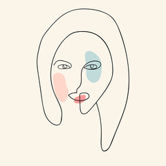Abstract one line surreal face portrait. Vector illustration. Simple human head sketch. Digitally created drawing in minimalist style.