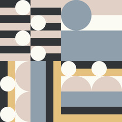 Modern vector abstract seamless geometric pattern with semicircles and circles in retro scandinavian style. Pastel colored simple shapes mosaic background. Bauhaus design inspired background.