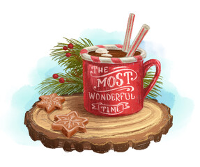 Red new year mug with lettering, drink and cookies on a wooden plate and new year tree branches 
