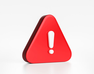 Red warning sign symbol or alert safety danger caution illustration icon security message and exclamation triangle information icon isolated on white attention background with secure alarm. 3D render. - obrazy, fototapety, plakaty