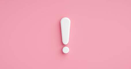 Pink warning sign attention message icon or white exclamation mark for medical female caution risk and flat design alert symbol isolated on illustration 3d web background with important woman problem. - obrazy, fototapety, plakaty