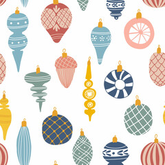 Seamless pattern with colorful Christmas ornaments. Holiday background