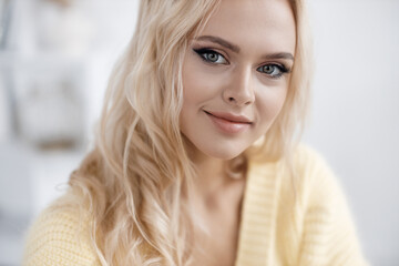 Young beautiful blond woman portrait indoor  - 464472310