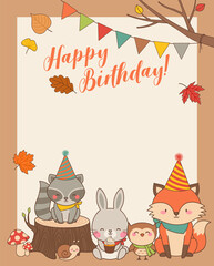 Obraz na płótnie Canvas Cute woodland cartoon animals illustration with copy space for birthday card template.