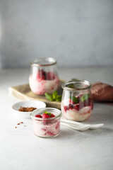 Raspberry trifle with fresh mint