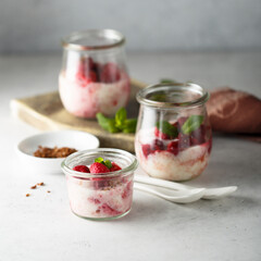 Raspberry trifle with fresh mint