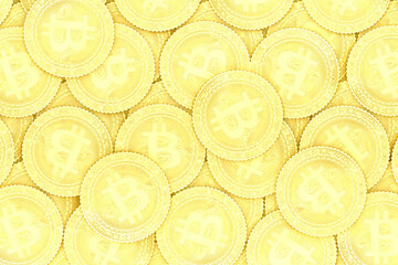 Many golden bitcoins lying on a plane 3d render