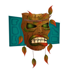 ethnic wooden mask. leaves and burning eyes