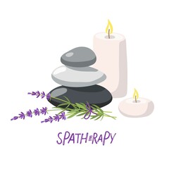 Spa therapy. Composition with massage stones, candles, lavender plant In fashionable modern style in pastel tones. Beauty spa treatment and relax concept for wellness, thai massage, meditation center.