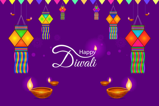 Diwali decorated greeting background for websites and social media. Decorated Diwali lantern or kandil with Happy Diwali typography.