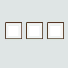 Three poster frames on gray wall. 3d illustration