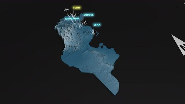 Seamless looping animation of the 3d terrain map at nighttime of Tunisia with the capital and the biggest cites in 4K resolution