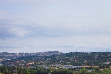 Panoramic view of Perugia landscape in a sunny day (Umbria, Italy, Europe) - 464476357