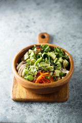 Healthy Buddha bowl with chicken and avocado