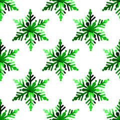Watercolor painting picture with green snowflakes for new year and christmas. Seamless repeating print it is snowing, winter design for decoration on a white background. Drawn by hand.