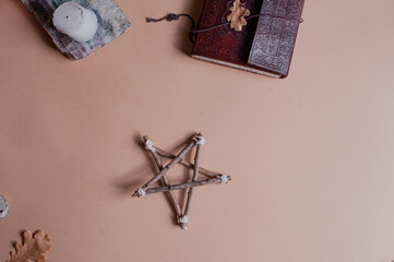 Beautiful occult spiritual ritual magic background image with light beige copy space