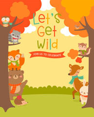 Cute woodland cartoon animals and big tree illustration with copy space for kids party invitation card template.