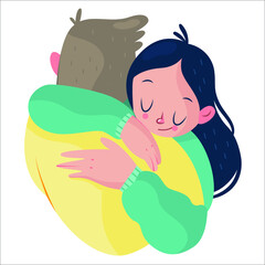 different cartoon people hugging feeling love and positive emotion vector graphic illustration. Collection of friends, couple, teens and married embracing isolated on white background