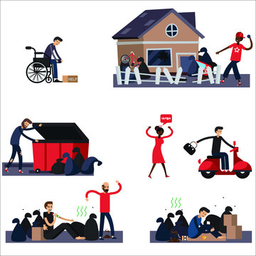 Colored And Isolated Ghetto Slum Flat Icon Set With People Living In In Bad Conditions Vector Illustration