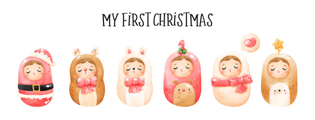 Fototapeta premium Digital painting watercolor Baby Christmas card. Christmas Baby vector.