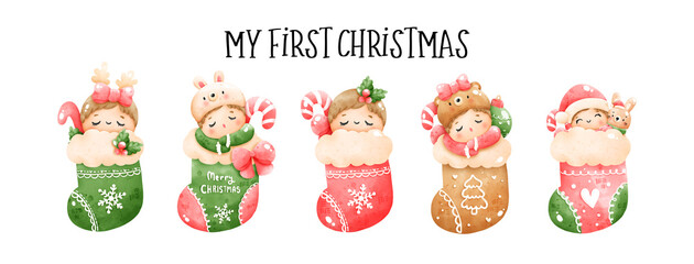 Digital painting watercolor Christmas baby in sock banner. Christmas element vector.
