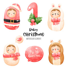 Digital painting watercolor Baby Christmas card. Christmas Baby vector.