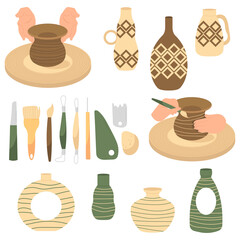 Set of pottery objects. Collection of  modern pottery tools and ceramic vases. The concept of creating clay vase on a wheel. - obrazy, fototapety, plakaty