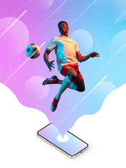 Fototapeta na wymiar Contemporary art collage. Inspiration, idea, magazine style. Sport. Professional male soccer, football player on bright neon abstract background