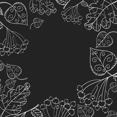 Obraz premium Square frame with contoured autumn leaves on a dark brown background. Vector. Suitable for postcards, business cards, covers.