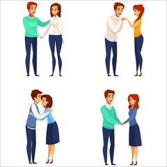 Fototapeta premium People greeting gesture flat vector illustrations set. Different nations representatives waving hand. Men, women in casual clothes, national costumes say hello. Male, female people.
