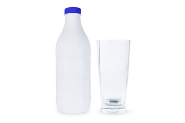 Glass cup and plastic bottle with milk on isolated white background