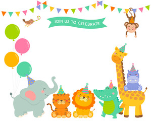 Cute wildlife cartoon animals border design for kids party invitation card template.