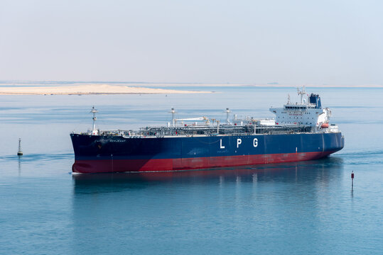 Suez, Suez Governorate, Egypt - LPG gas tanker vessel transiting Suez Canal.