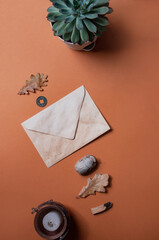 Occult or spiritual backgound with envelope scarab palo santo copy space flat lay