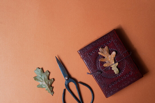 Occult book of spels and vintage scissors on orange fall color minimalistic background