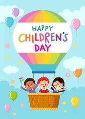 Happy children’s day vector background with cartoon kids riding a hot air balloon. - 464480117