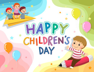 Happy Children’s Day vector background with happy kids on the pencil and paper airplane.