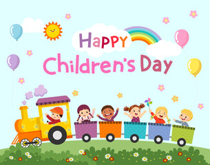 Happy Children’s Day vector background with happy kids on the train. - 464480147