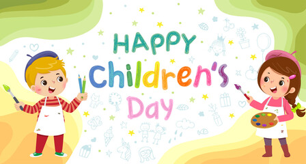 Happy children’s day vector background with little kid artists painting.