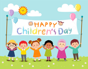 Happy kids holding Children’s Day banner.