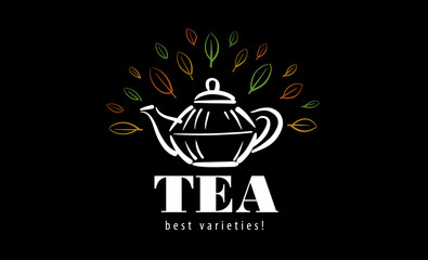 Vector logo with a painted teapot and leaves on a black background