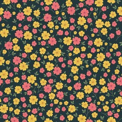 Seamless vintage pattern. wonderful yellow and pink flowers, green leaves. dark blue background. vector texture. trend print for textiles and wallpaper.