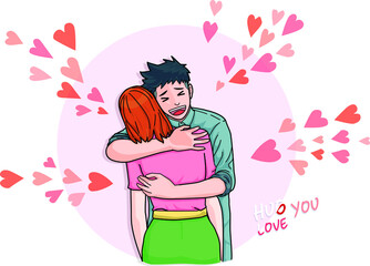 man hug his girlfriend with love illustrator card mood