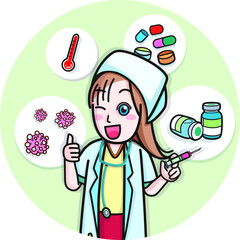 female doctor holding a syringe with hospital theme