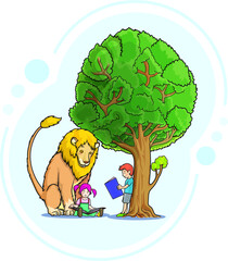 child read book with the lion  in the garden