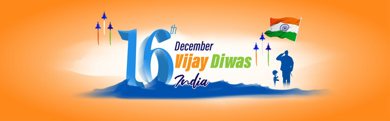 Vector illustration of Vijay Diwas (VICTORY DAY)banner, 16 december 1971, India flag, soldier with rifle and helmet, flying birds, banner template for websites.
