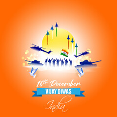Vector illustration of Vijay Diwas (VICTORY DAY)banner, 16 december 1971, India flag, soldier with rifle and helmet, flying birds, banner template for websites.