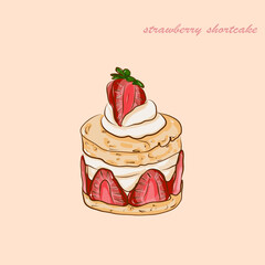 Vanila shortcake with strawberry wipping cream filling with fresh strawberry on top vector illustration. Cupcake isolated on the pink background with pink letters. Delicios baked cupcake.